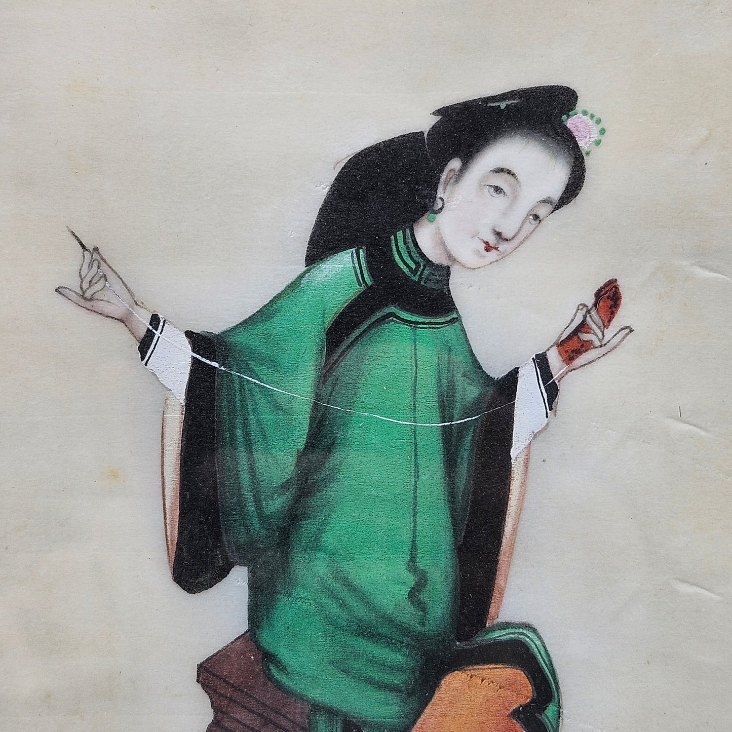 Antique Chinese Gouaches Pith Painting on Rice Paper of Woman in Green Dress