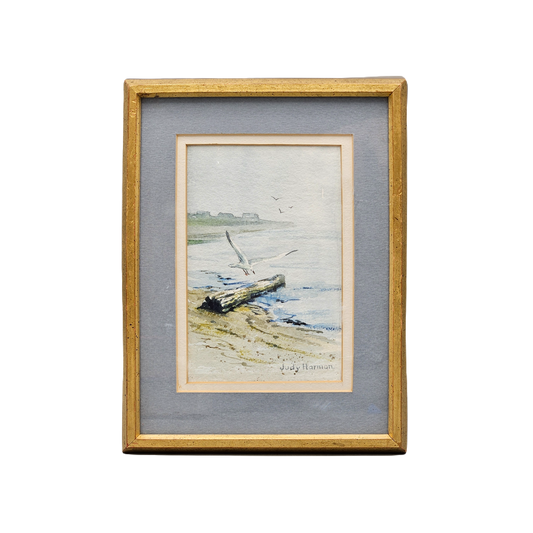 Wonderful Miniature Judy Harmon  Watercolor Painting of Beach Scene in Gold Frame