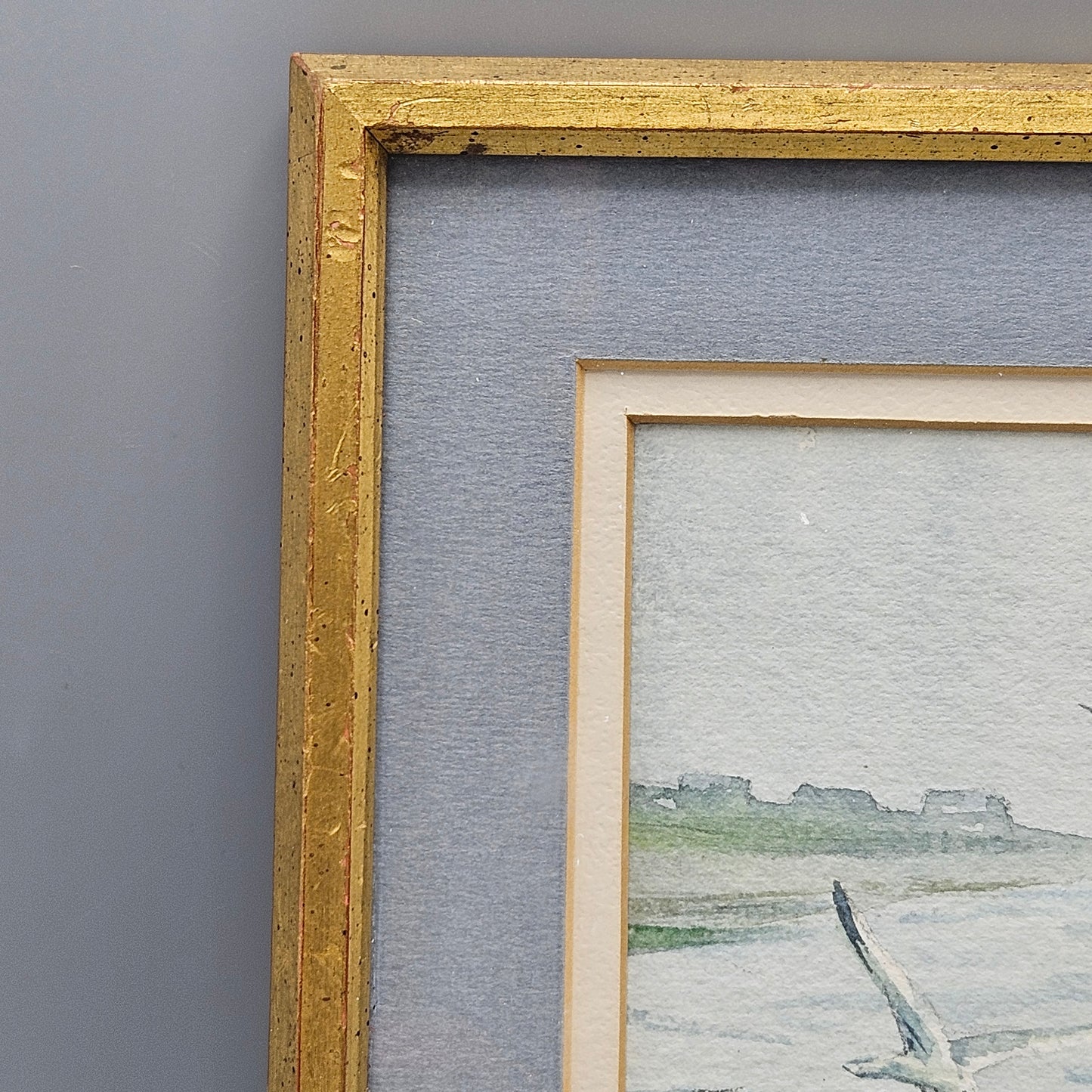 Wonderful Miniature Judy Harmon  Watercolor Painting of Beach Scene in Gold Frame