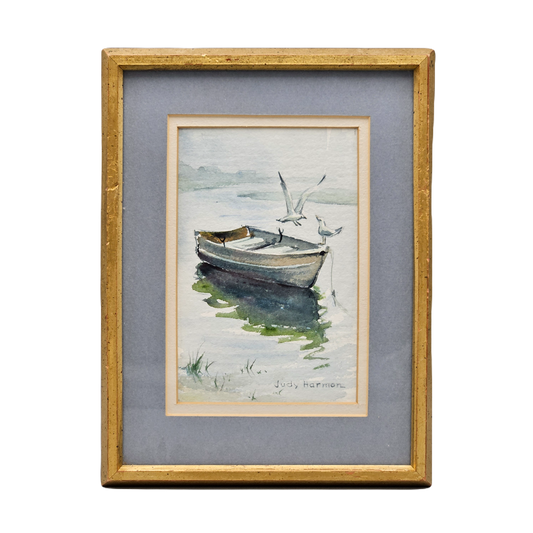 Wonderful Miniature Judy Harmon Watercolor Painting of Boat with Seagull in Gold Frame