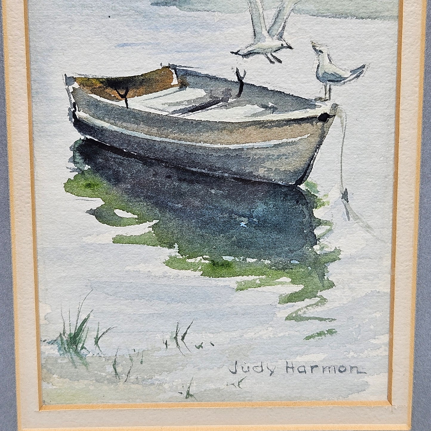 Wonderful Miniature Judy Harmon Watercolor Painting of Boat with Seagull in Gold Frame