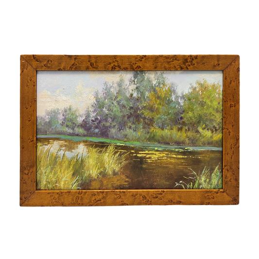 Beautiful Oil on Board Painting of Marsh & Trees in Burlwood Frame