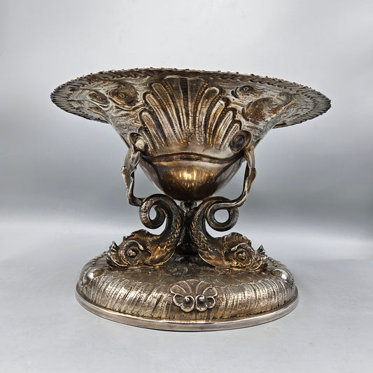 Vintage Silver Plate Pedestal Centerpiece Bowl with Dolphin Fish