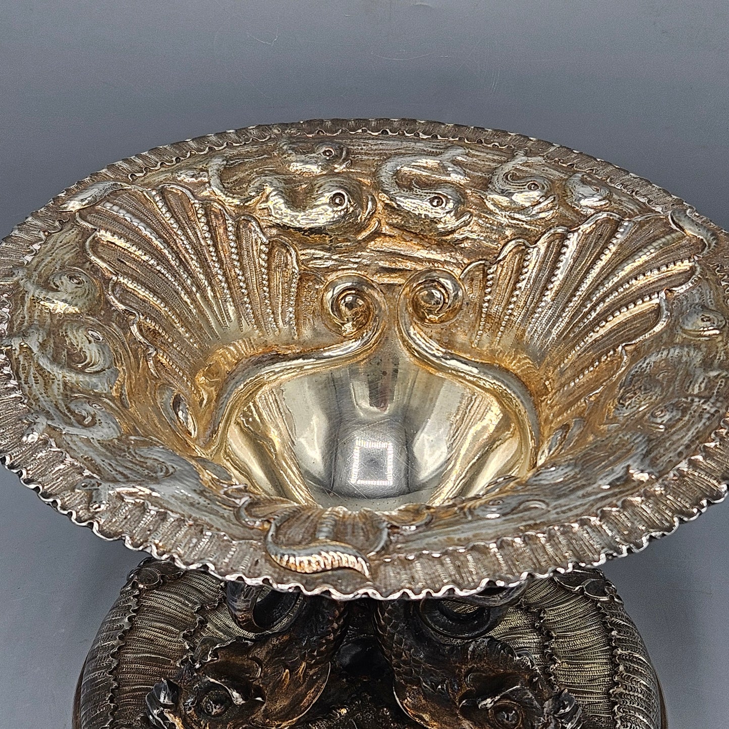 Vintage Silver Plate Pedestal Centerpiece Bowl with Dolphin Fish