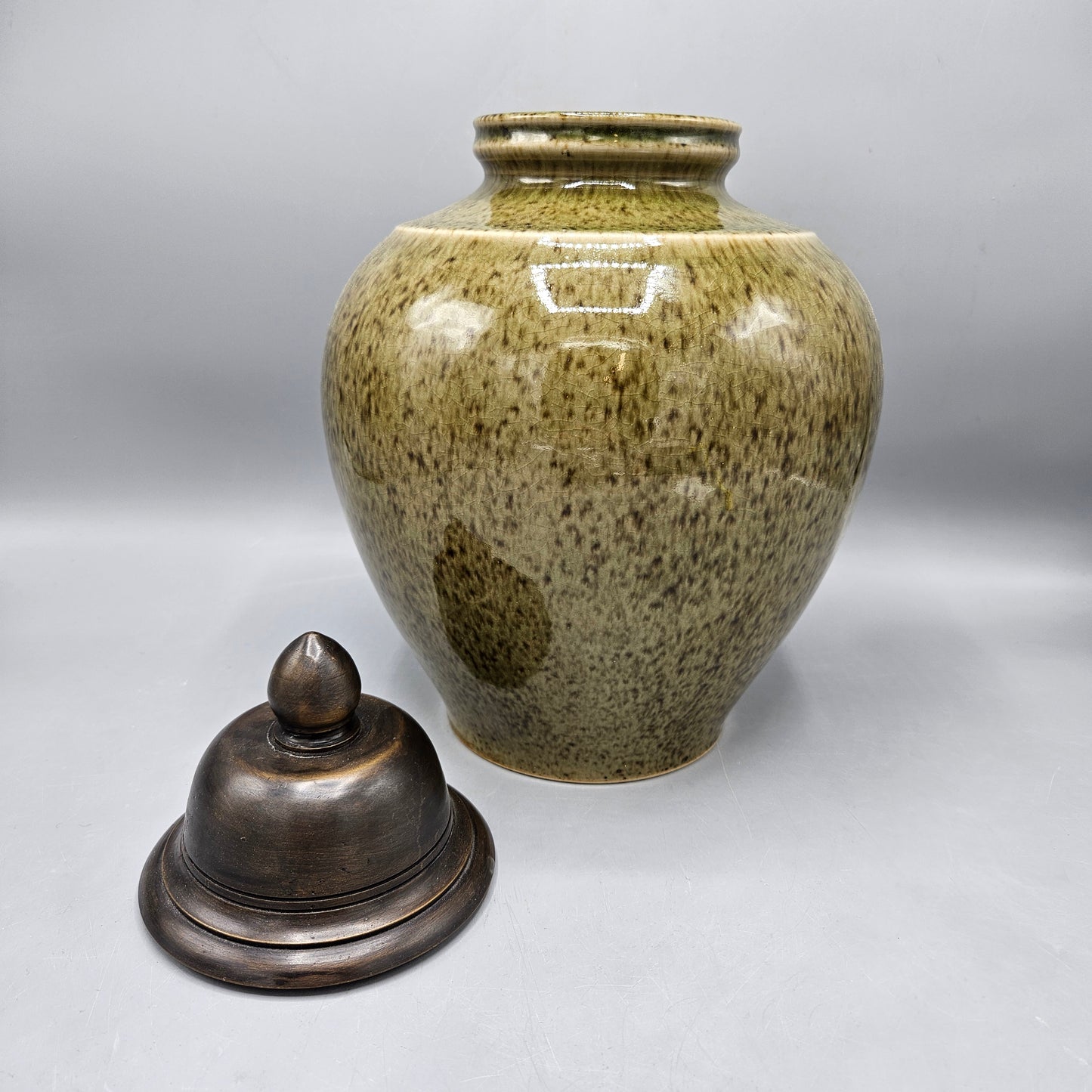 Vintage Green Ceramic Ginger Jar with Bronze Lid