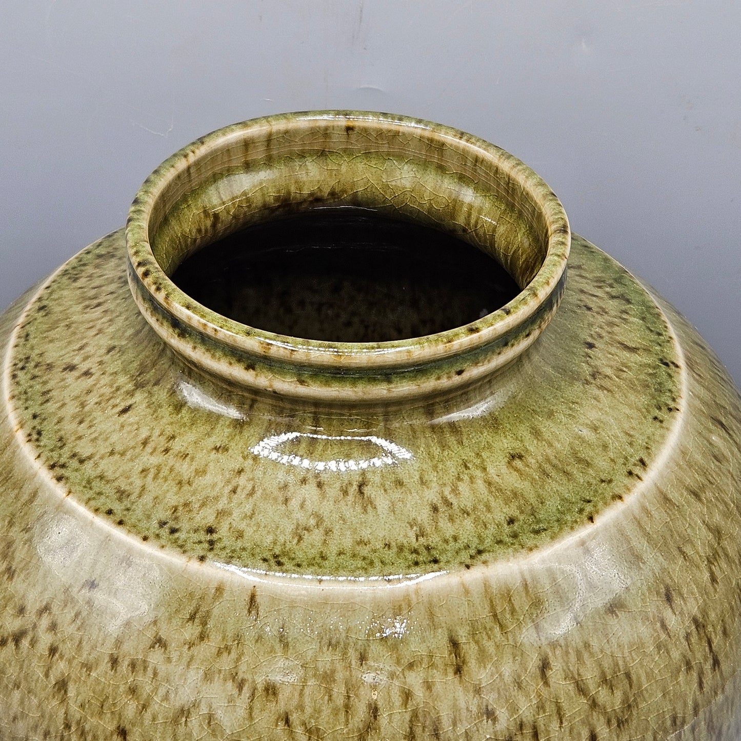 Vintage Green Ceramic Ginger Jar with Bronze Lid