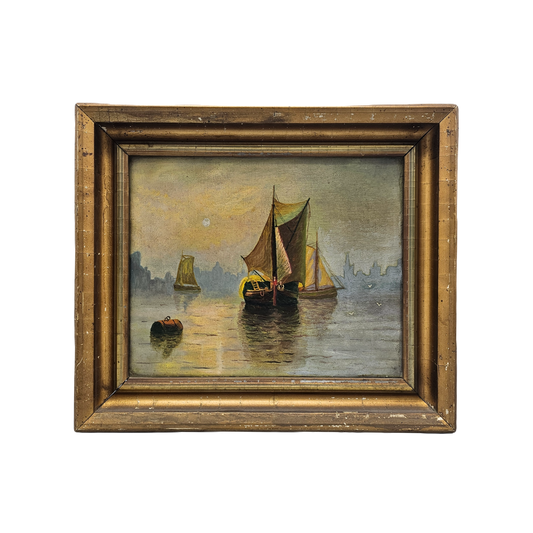 Antique Maritime Oil on Canvas Painting of Ships in Harbor