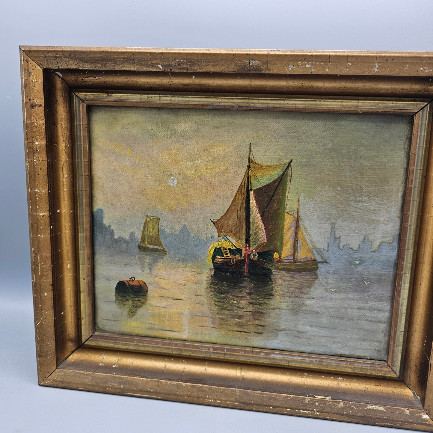 Antique Maritime Oil on Canvas Painting of Ships in Harbor