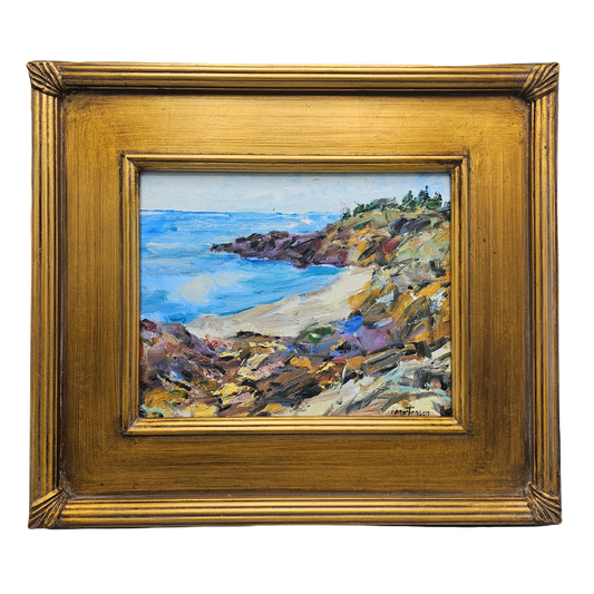 Wonderful Original Oil on Board Artwork of Rocky Coast in Gold Frame