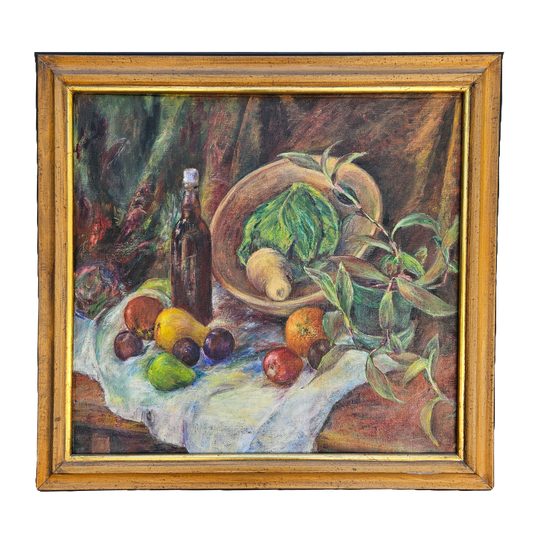 Vintage Oil on Canvas Painting of Still Life with Wine & Fruit in Gold Frame
