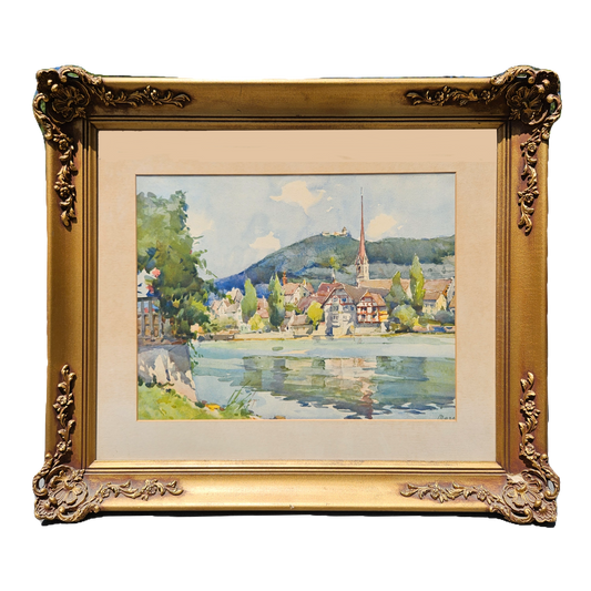 Vintage Signed Watercolor Painting of City on River in Embellished Gold Frame