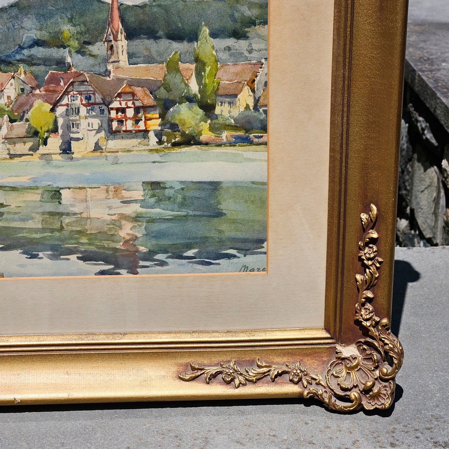 Vintage Signed Watercolor Painting of City on River in Embellished Gold Frame