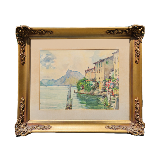 Vintage Signed Watercolor Painting of City on River with Mountain in Embellished Gold Frame