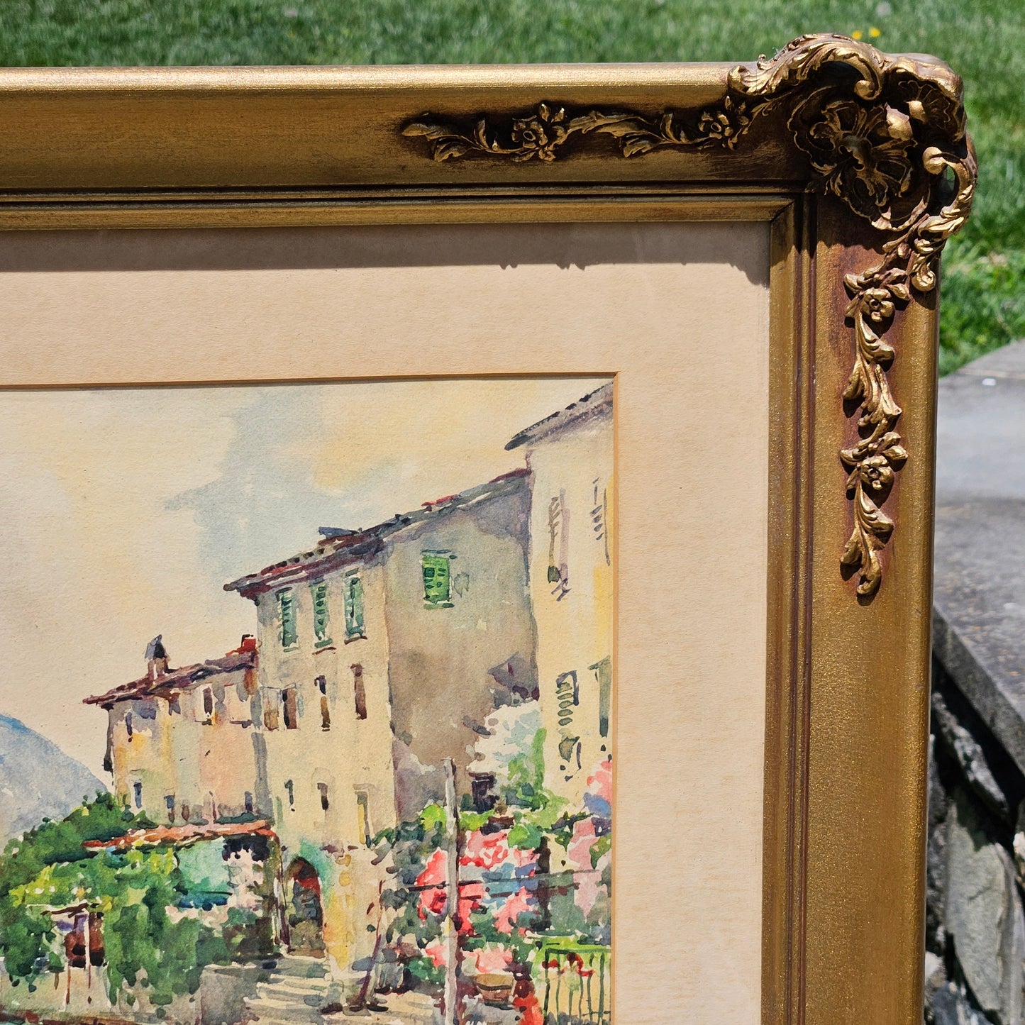 Vintage Signed Watercolor Painting of City on River with Mountain in Embellished Gold Frame