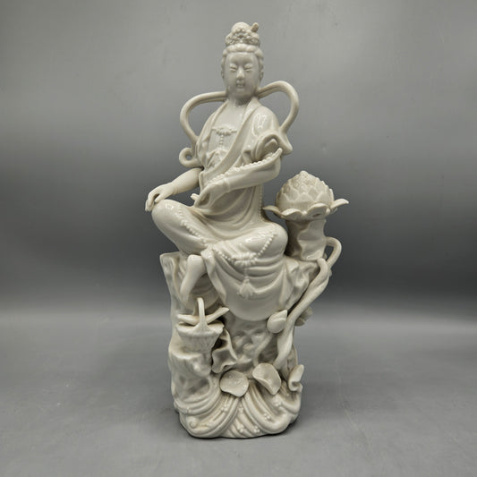 Vintage Blanc de Chine Goddess Kwan Yin, Guan Yon with Fish Basket and Fruits Figure