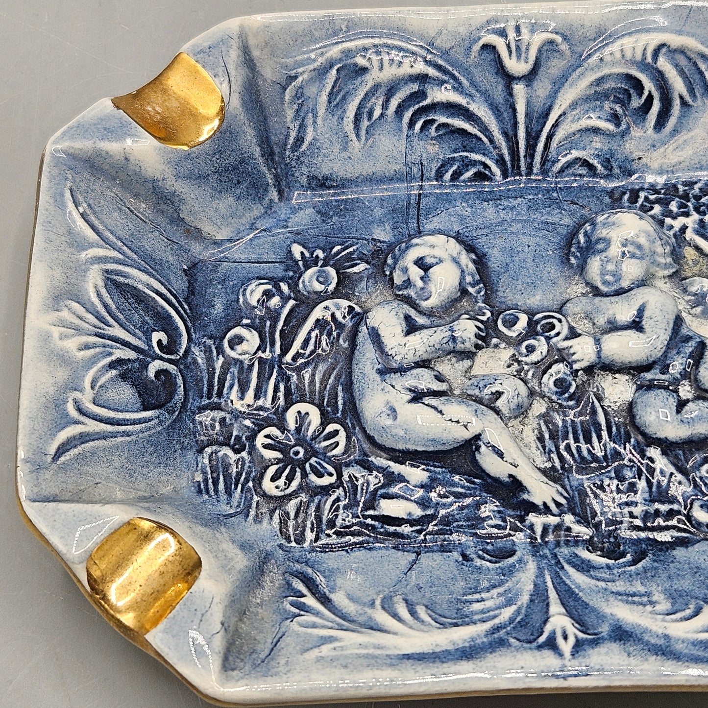 Vintage R Capodimonte Porcelain Blue & Gold Ashtray