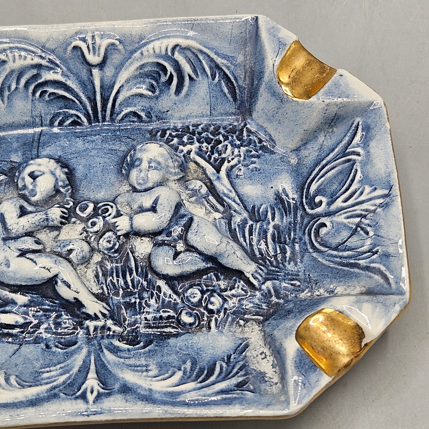 Vintage R Capodimonte Porcelain Blue & Gold Ashtray