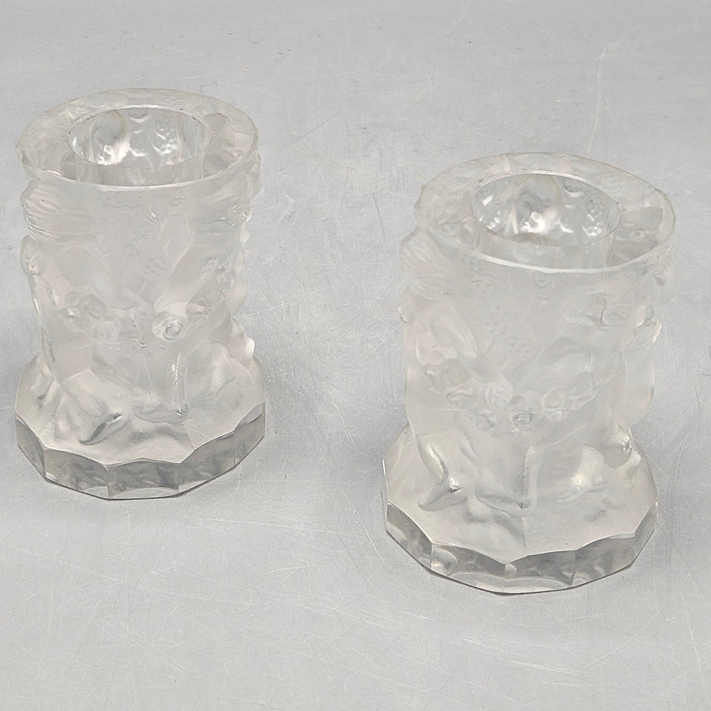 Pair of Vintage Lalique Style Cherub Frosted Crystal Candlesticks