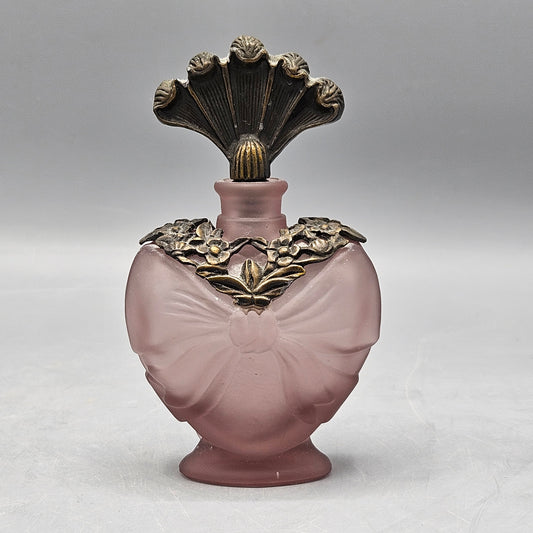Vintage Pink Satin Glass Perfume Bottle with Gold Floral Stopper