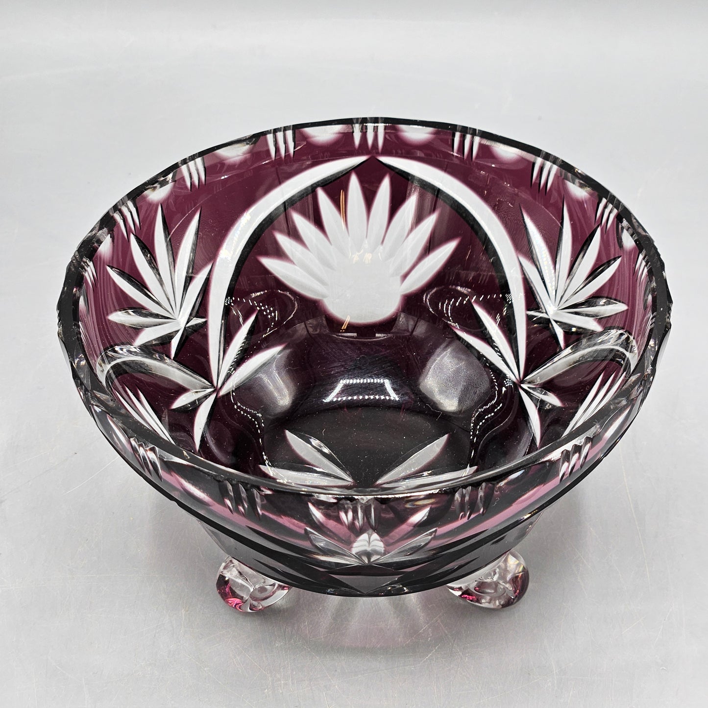 Vintage Amethyst Cut To Clear Footed Glass Bowl