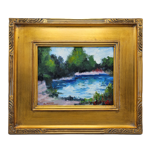 Wonderful Signed Landscape Oil Painting on Board of Wooden Lake in Gold Frame
