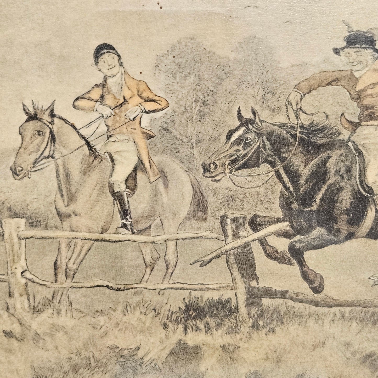 Antique Engraved Colored Image Entitled Scenes with the Old Mickledale Hunt No. II-- A Good Lead at Timber Issued 1884 The Graphic