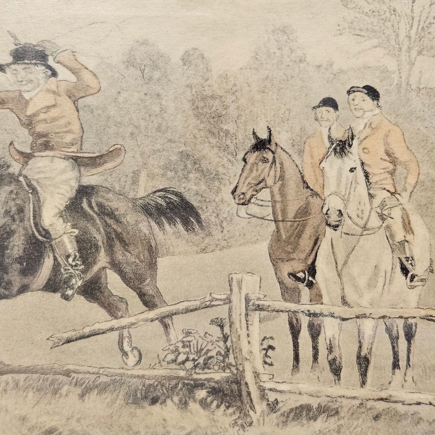 Antique Engraved Colored Image Entitled Scenes with the Old Mickledale Hunt No. II-- A Good Lead at Timber Issued 1884 The Graphic