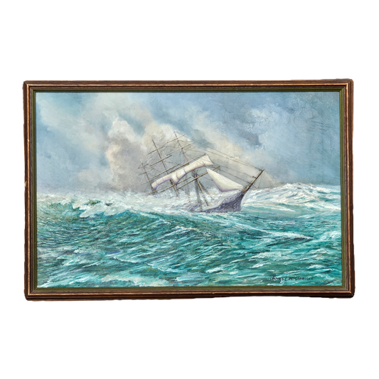 Vintage Signed Oil on Canvas Painting of Ship in Rough Seas -James McGarrigle