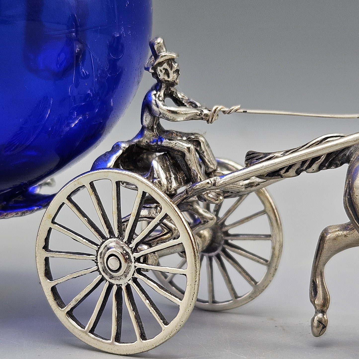 Vintage Sterling Silver Horse Drawn Blue Glass Carriage