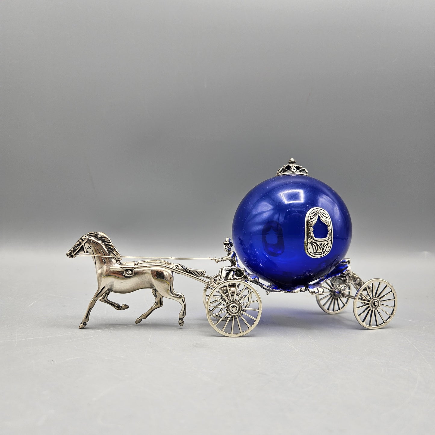 Vintage Sterling Silver Horse Drawn Blue Glass Carriage