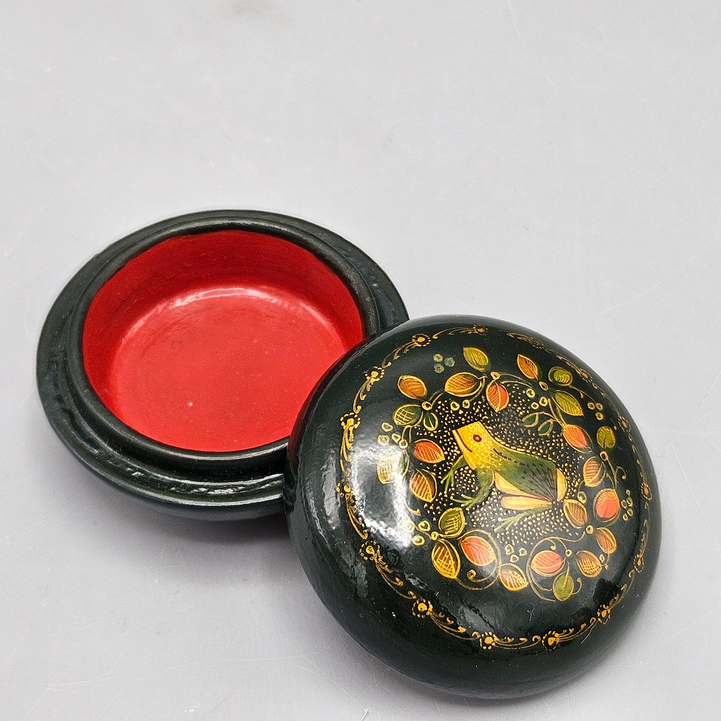Vintage Russian Round Lacquered Box with Frog