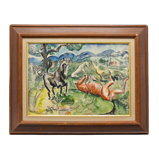 Signed Watercolor Painting of Horses in Wooden Frame - Bates 1934