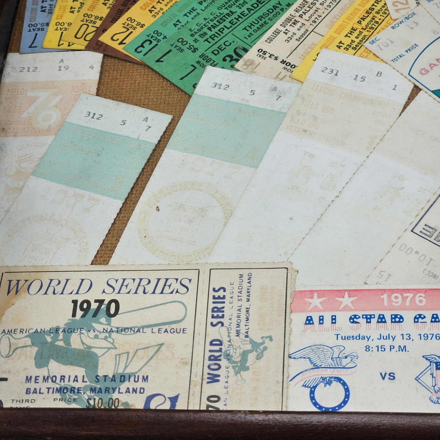 Wonderful Wooden Bar Tray with Vintage Sports Tickets Including 1970 World Series Tickets