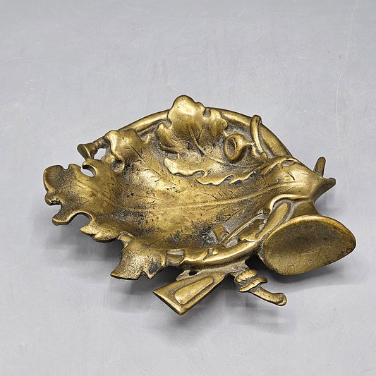 Vintage Brass Oak Leaf Horn & Rifle Footed Dish