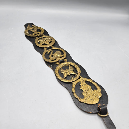 Vintage 5 Brass Horse Medallions on Leather Strap