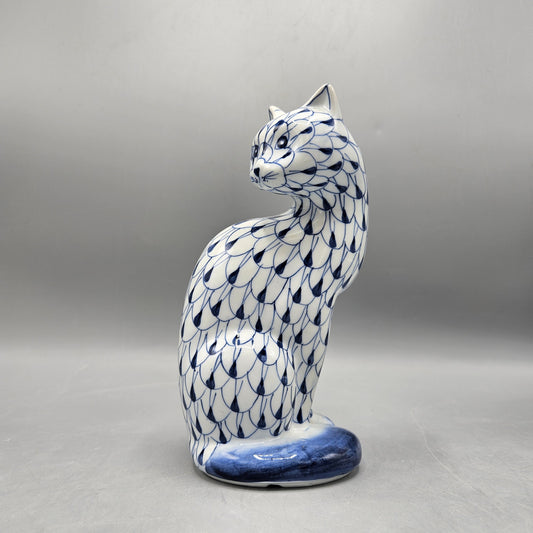 Blue Fishnet Porcelain Cat