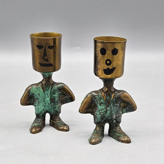Whimsical Miniature Bronze Man Shaped Candlesticks