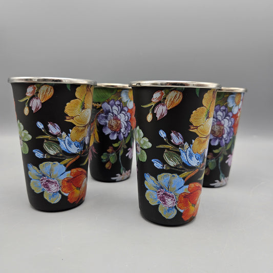 Set of 4 MacKenzie-Childs Black Flower Market Tumbler Cups