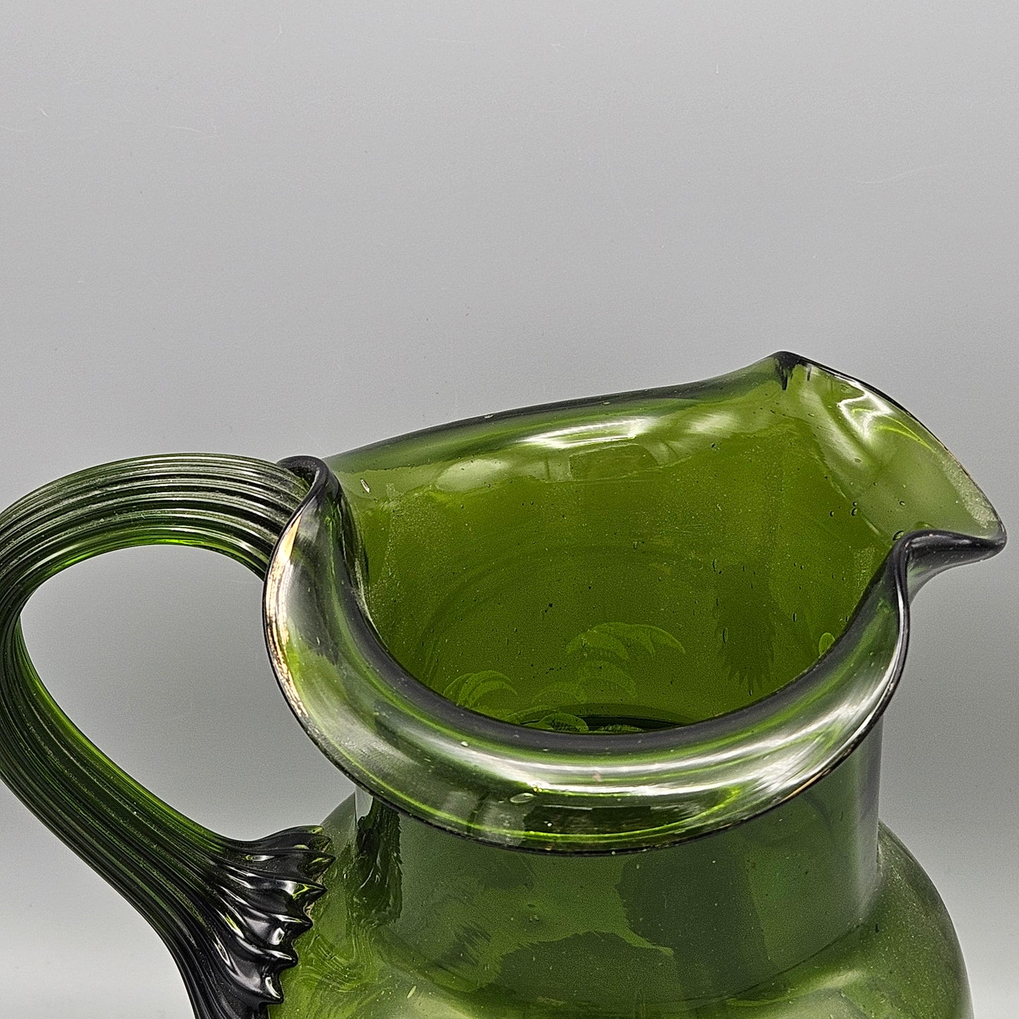 Vintage Mary Gregory Green Glass Applied Handle Pitcher