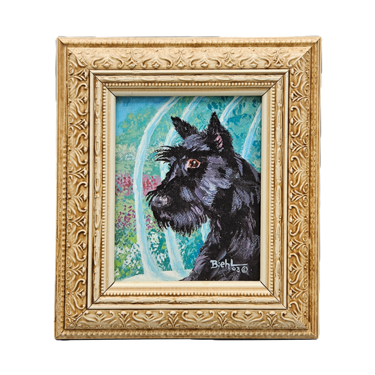 Adorable Scottie Dog Signed Oil Painting on Board by Joan Biehl in Gold Frame
