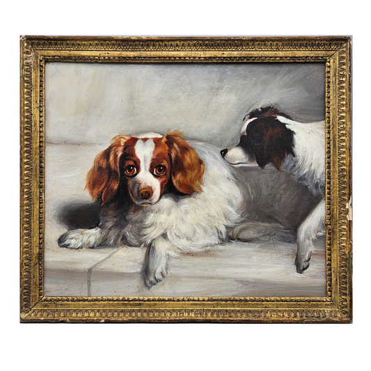 American School 20th Century Painting of Two Spaniels Dog Oil on Board in Gold Gilt Frame
