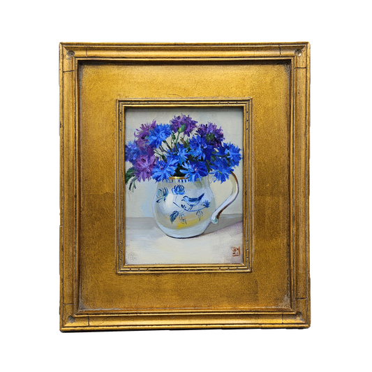 Beautiful Oil on Board Painting of Blue Flowers in Chinoiserie Pitcher