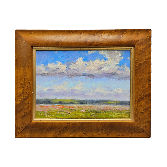 Big Sky Impressionist Landscape Oil on Board Painting in Burl Wood Frame