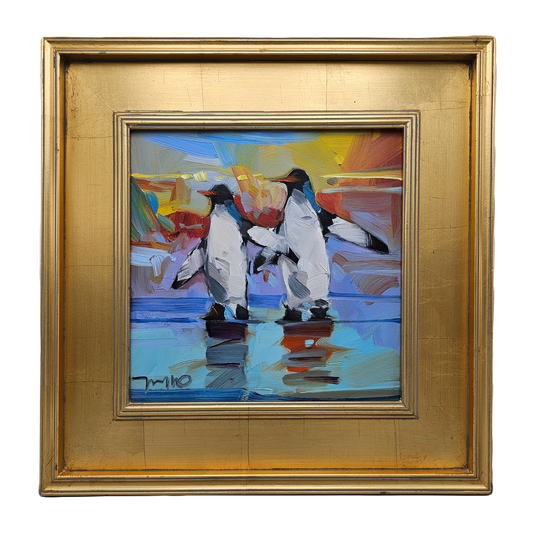 "Happy Penguins" Jose Trujillo Oil Painting on Canvas in Gold Frame