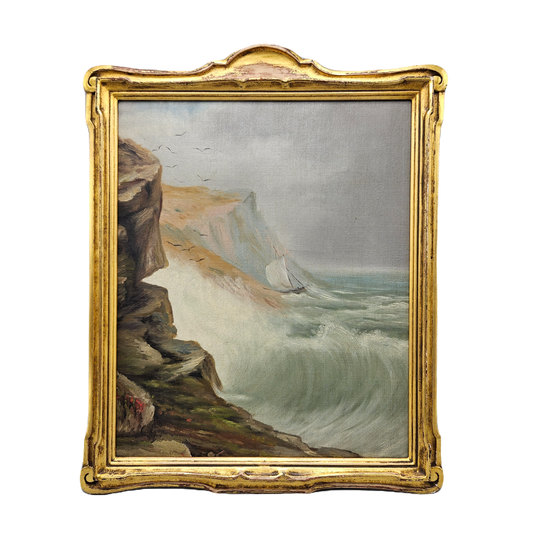 Vintage Oil on Canvas Painting of Ship at Sea with Rocky Coast in Unique Gold Frame