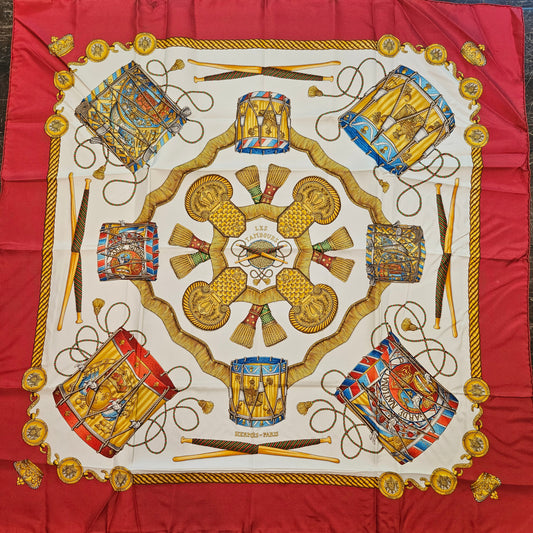 Hermes "Les Tambours" Red 100% Silk Scarf