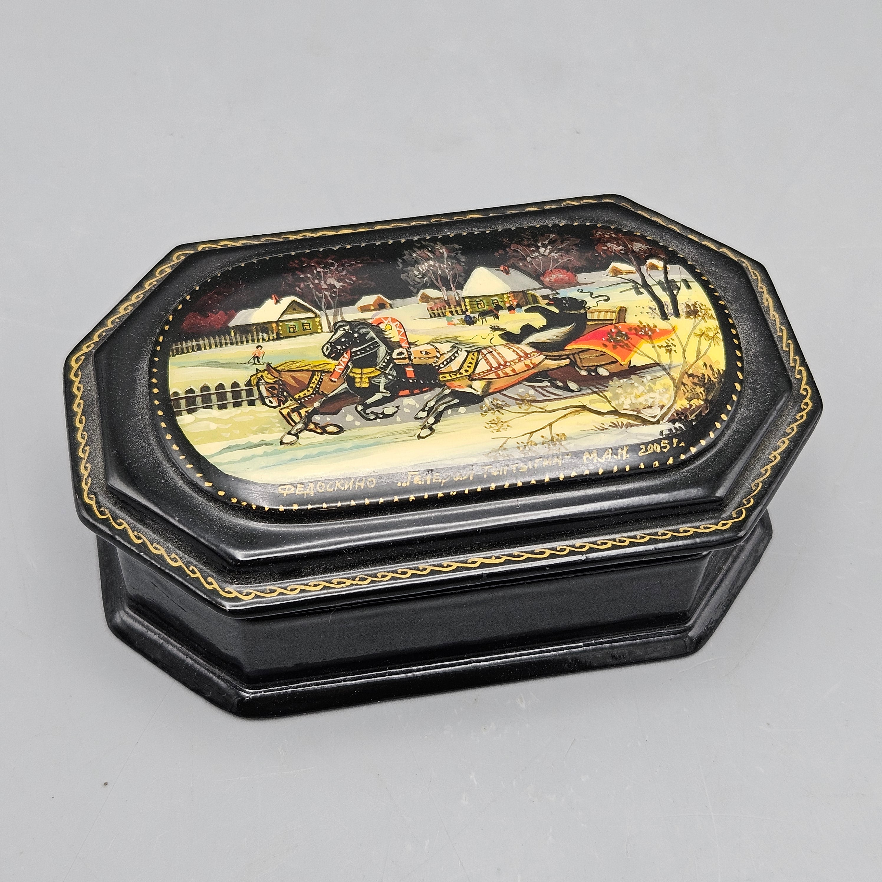 2005 Octagonal Russian Lacquer Box with Sleigh