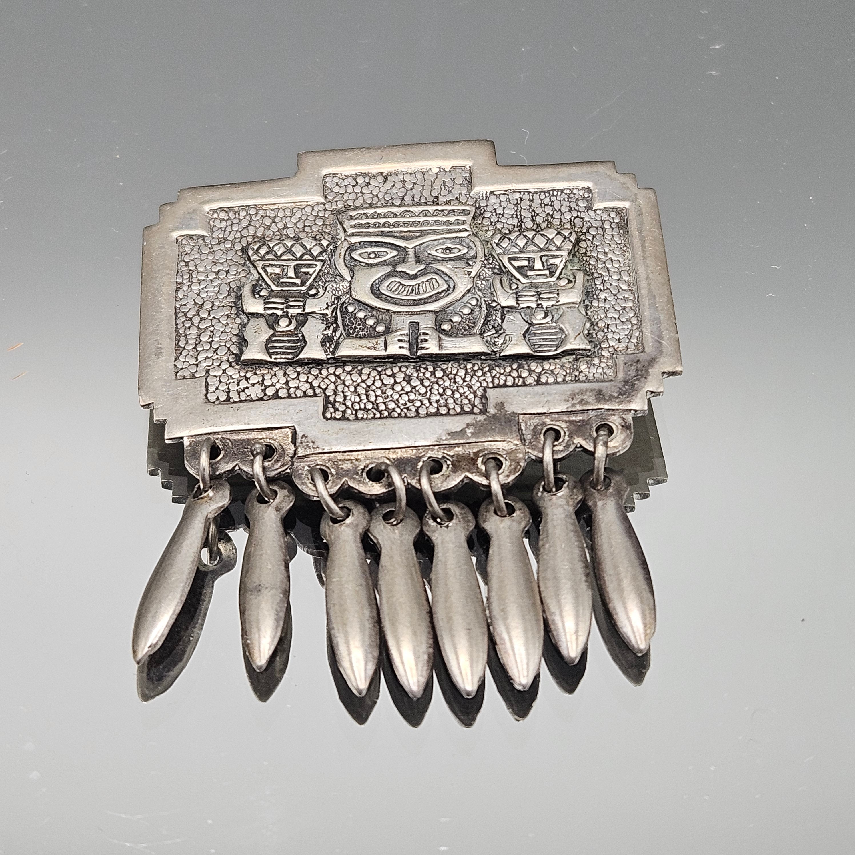 Vintage Mexican 900 Silver Aztec Warrior Pin with Fringe