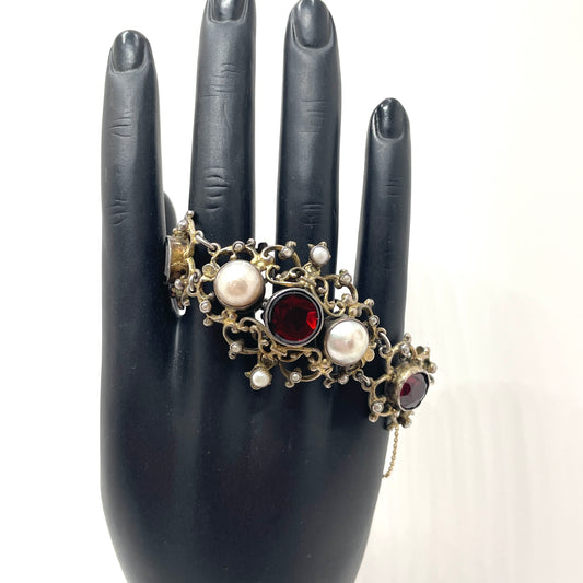 Vintage Silver Pearl & Red Stone Bracelet