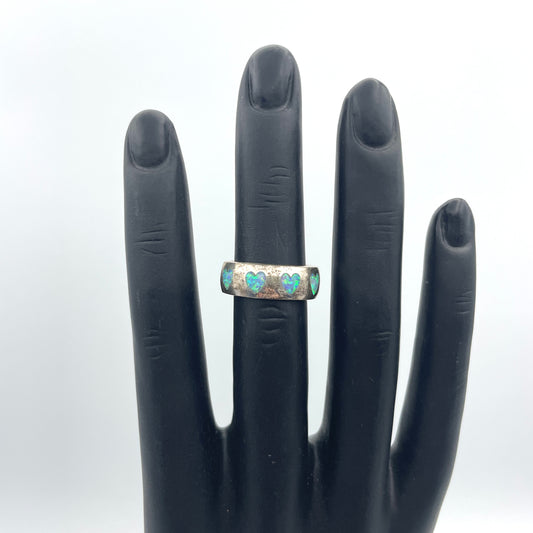 Vintage Sterling & Opal Heart Ring - Size 5.5
